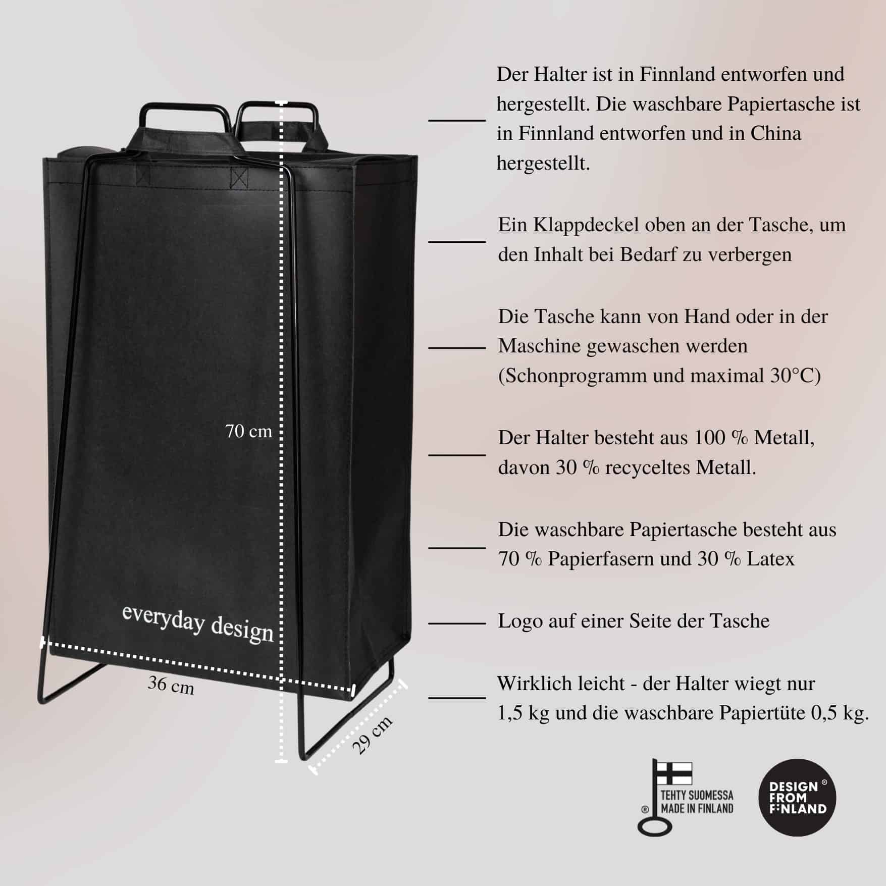 TURKU XL Halter schwarz und eine waschbare Papiertasche