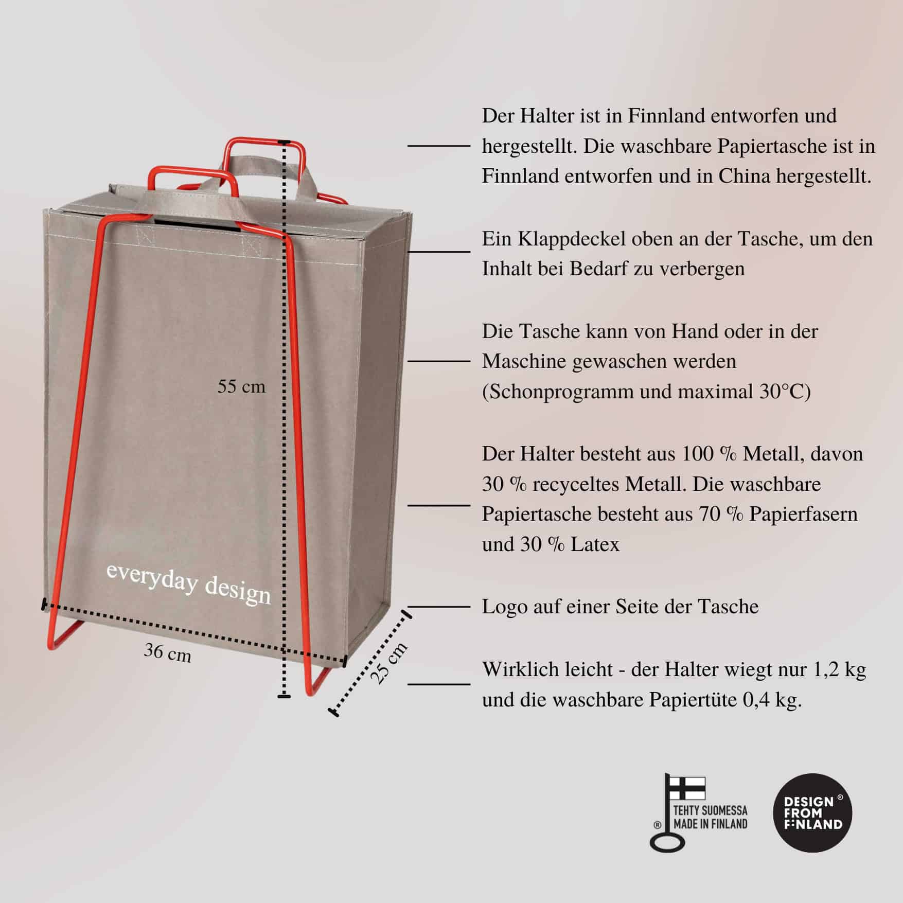 HELSINKI-Papiertütenhalter rot und eine waschbare Papiertasche