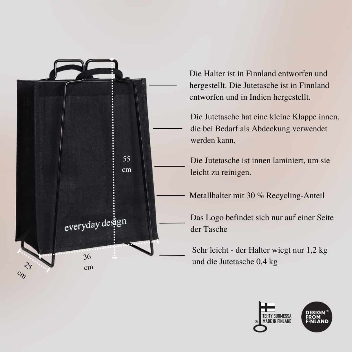 HELSINKI-Papiertütenhalter schwarz mit Jutetasche