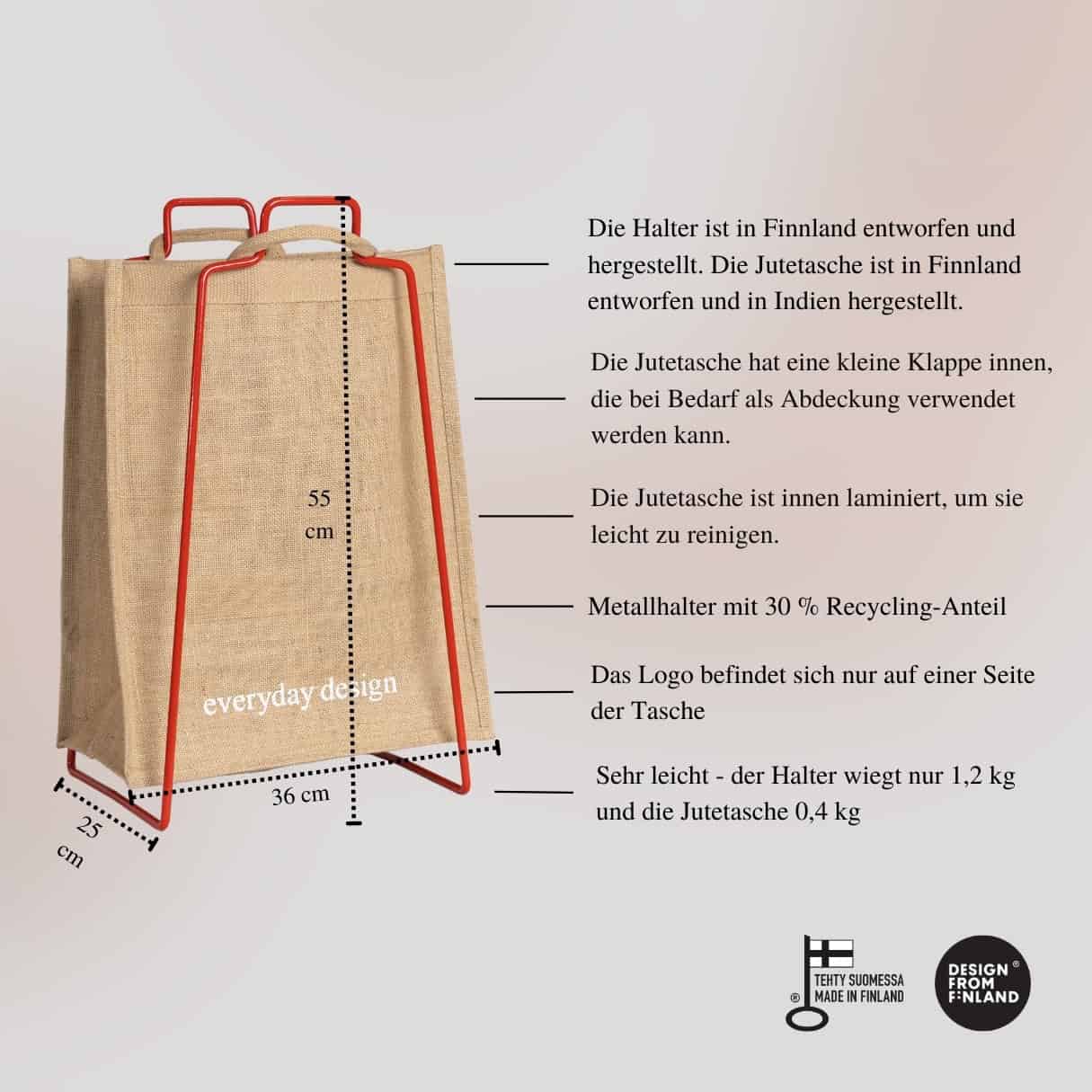 HELSINKI-Papiertütenhalter rot mit Jutetasche