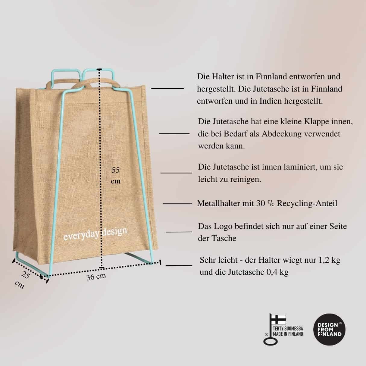 HELSINKI-Papiertütenhalter türkis mit Jutetasche