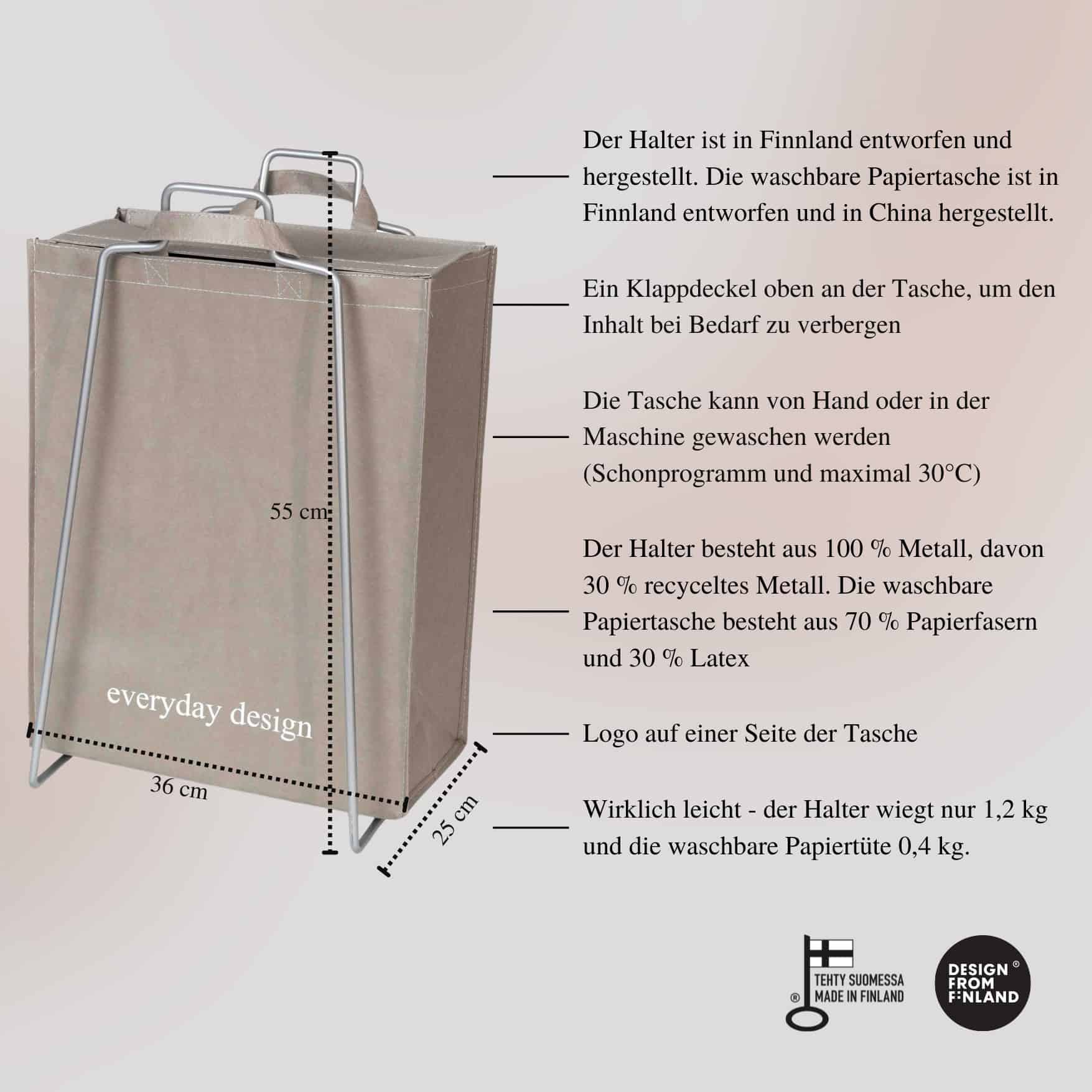 HELSINKI-Papiertütenhalter silber﻿ und eine waschbare Papiertasche