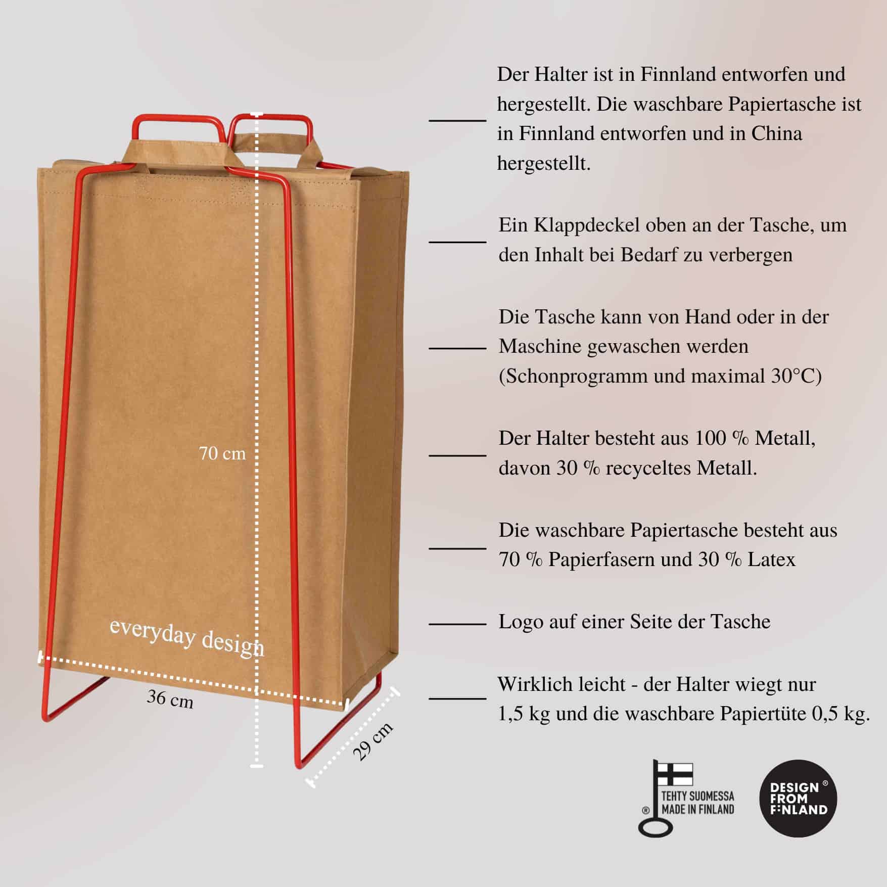 TURKU XL Halter rot und eine waschbare Papiertasche