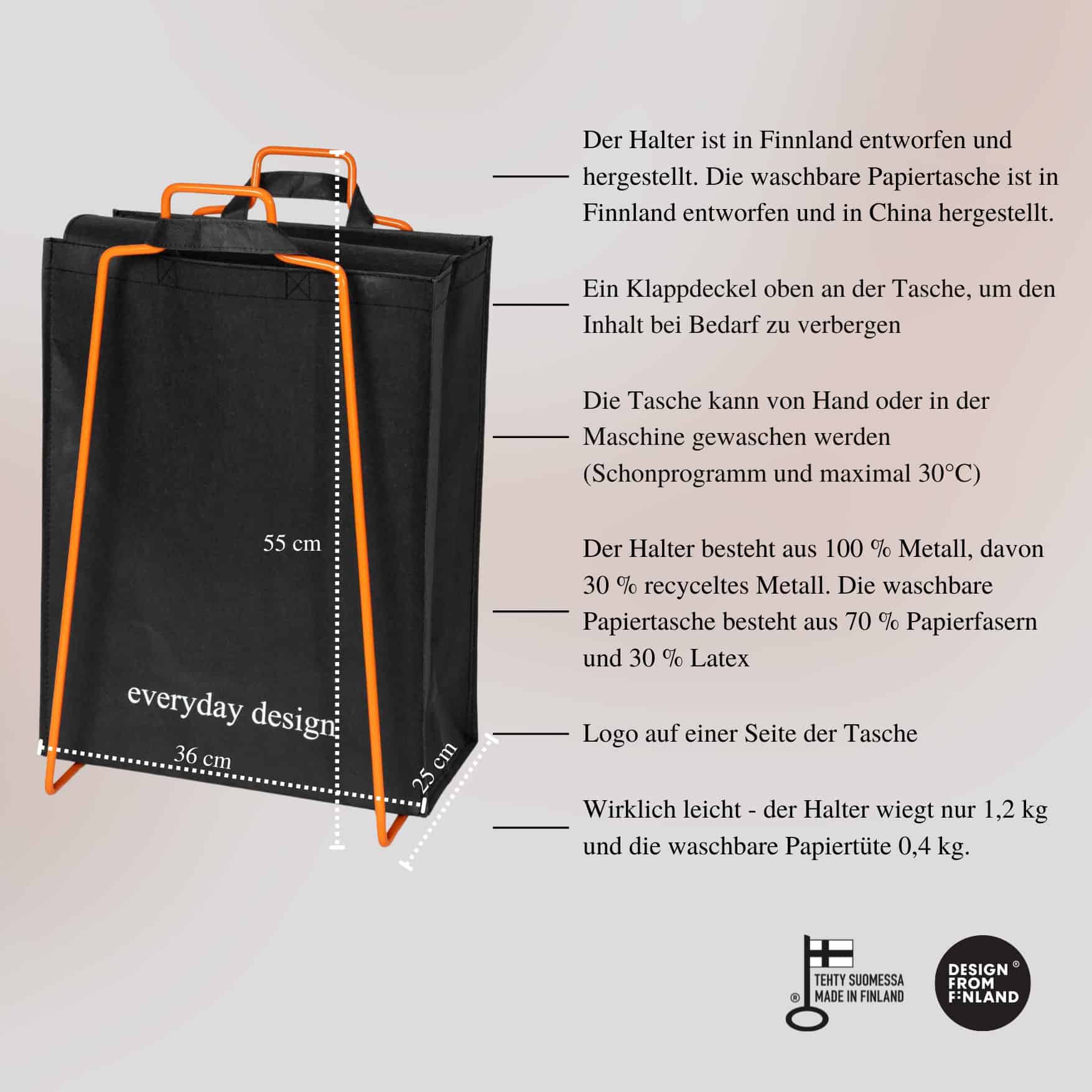 HELSINKI-Papiertütenhalter orange﻿ und eine waschbare Papiertasche