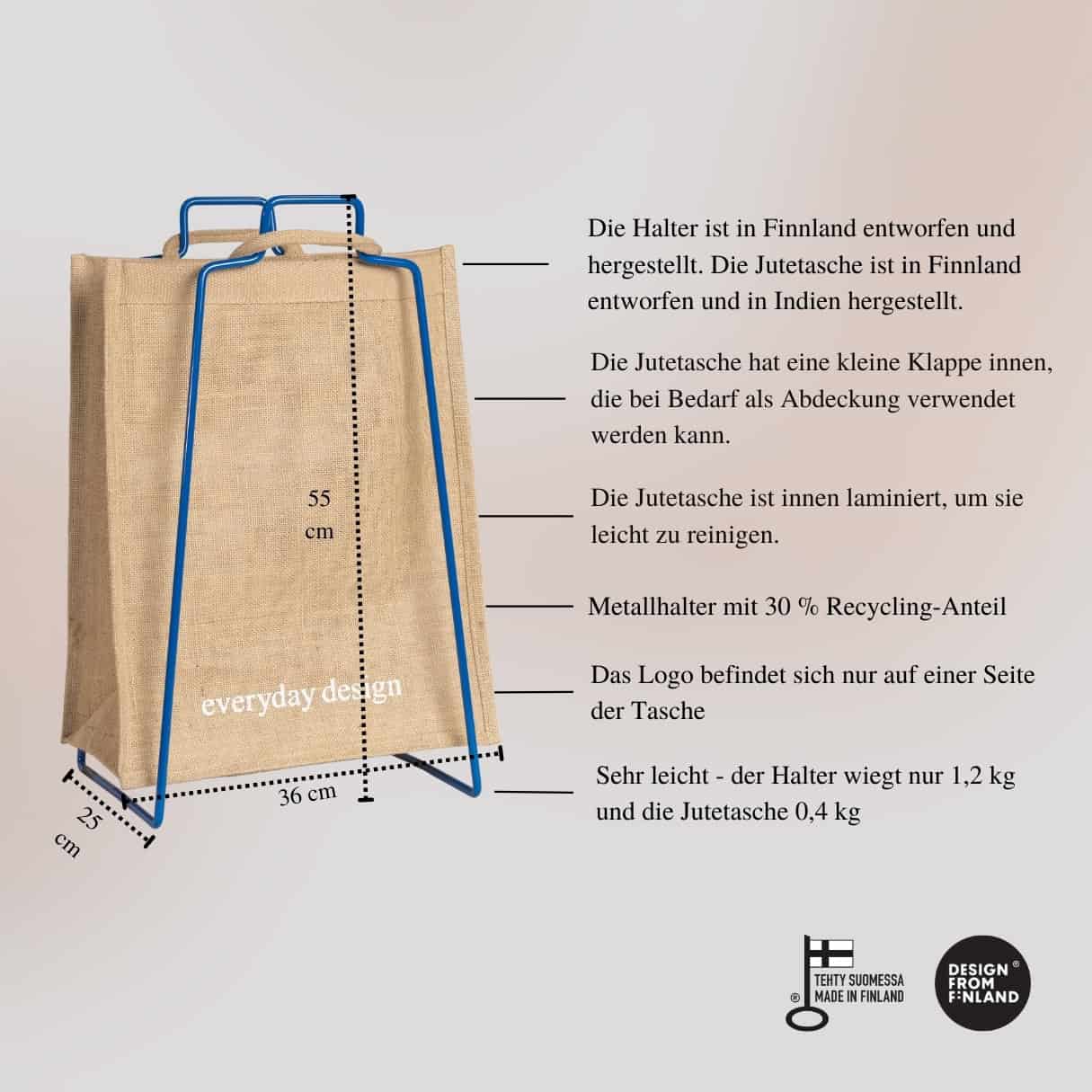 HELSINKI Papiertütenhalter blau mit Jutetasche