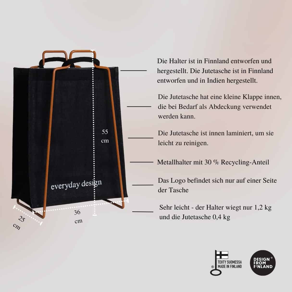 HELSINKI-Papiertütenhalter karamellbraun mit Jutetasche