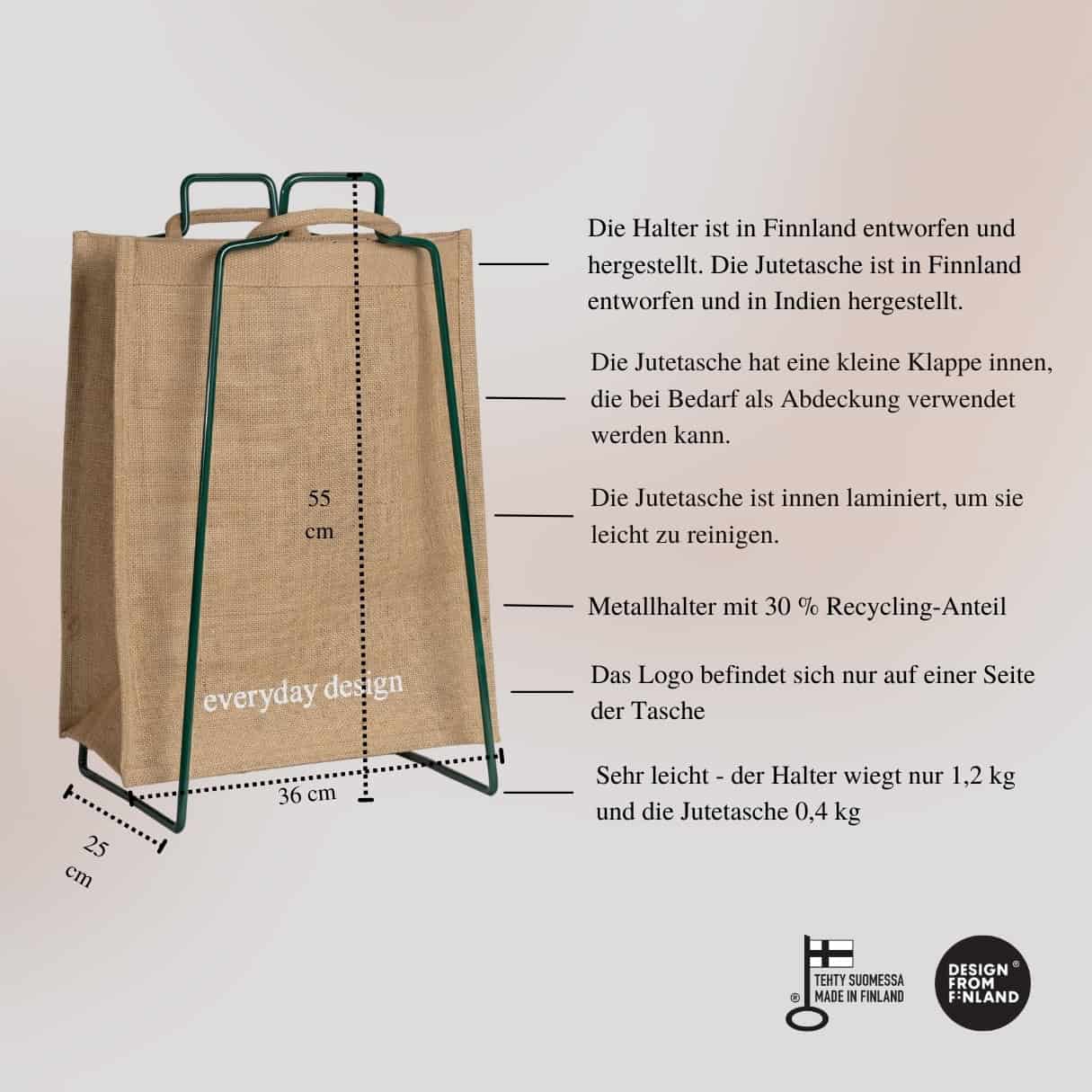 HELSINKI - Papiertütenhalter moosgrün mit Jutetasche