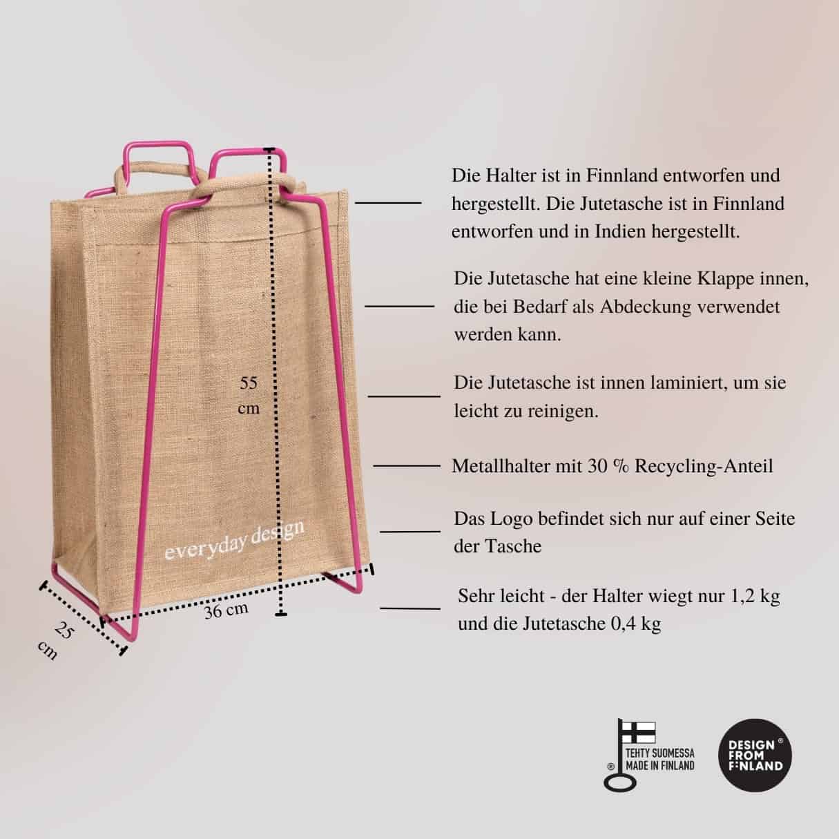 HELSINKI - Papiertütenhalter himbeerrot mit Jutetasche