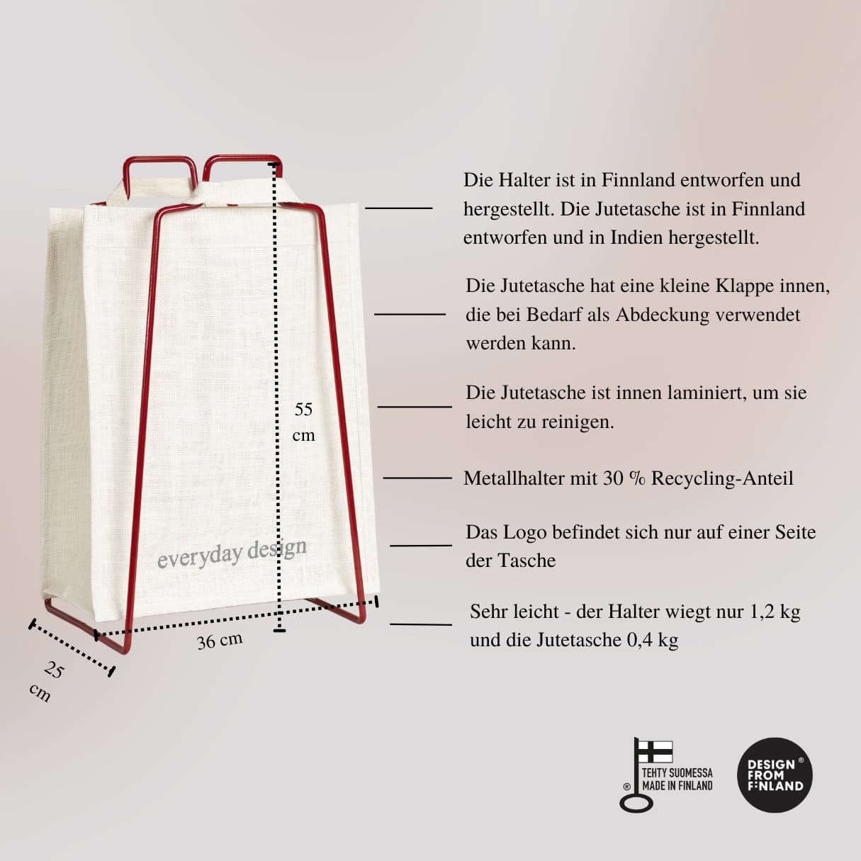 HELSINKI Papiertütenhalter Rubinrot + HELSINKI-Jutetasche